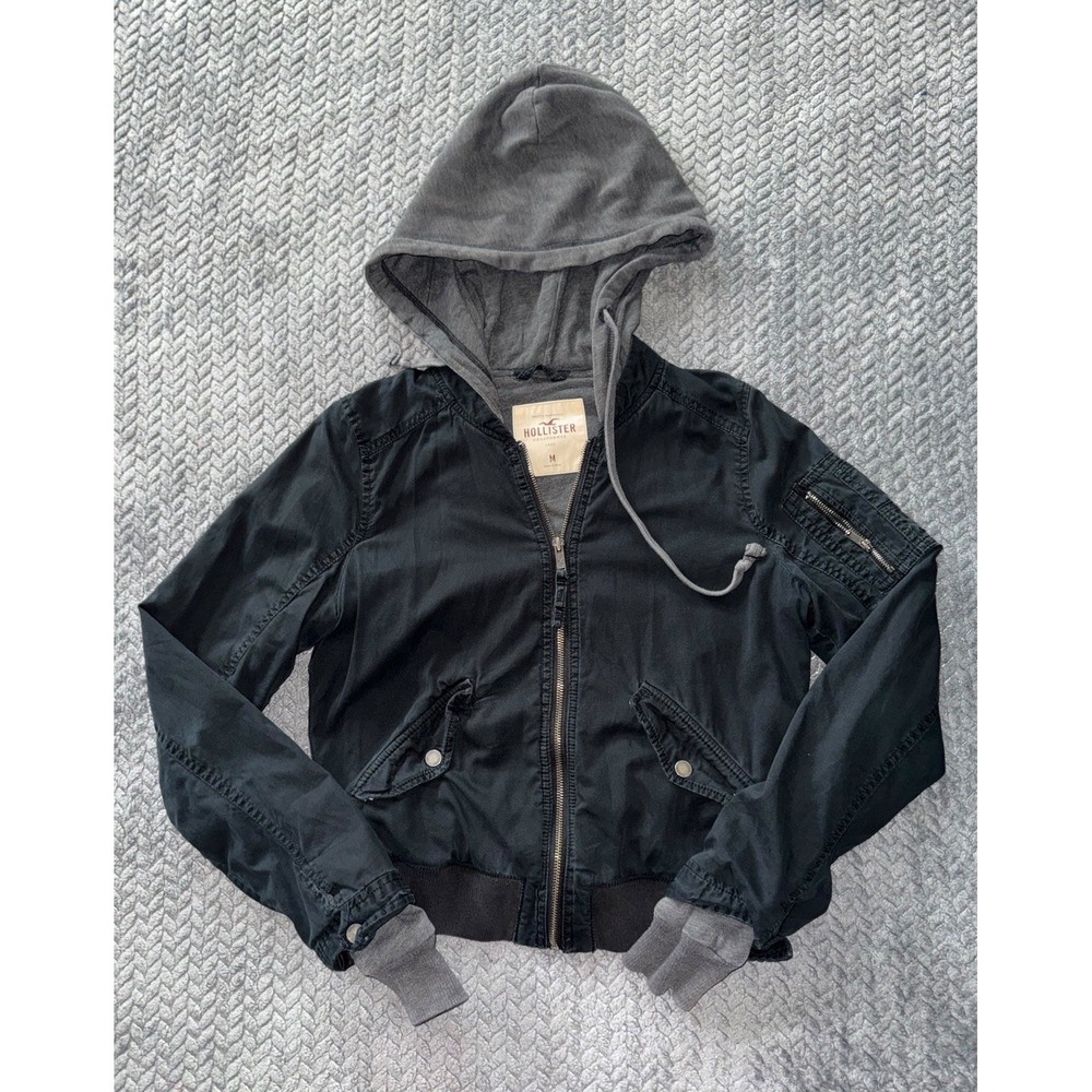 Hollister Women's Hooded Flight Bomber Jacket Black Y2K Vintage Size M